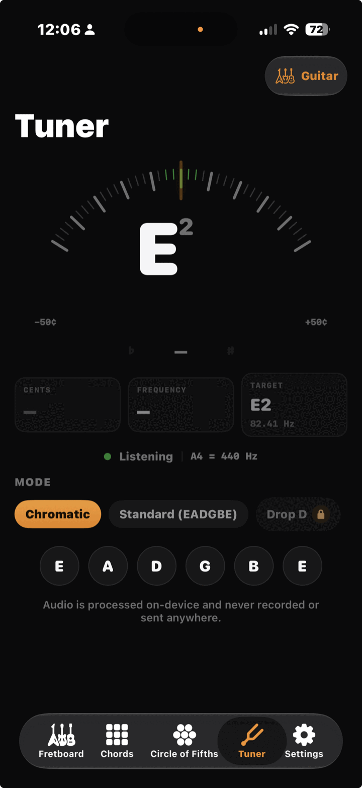 Fretkit tuner showing E2 on the dial
